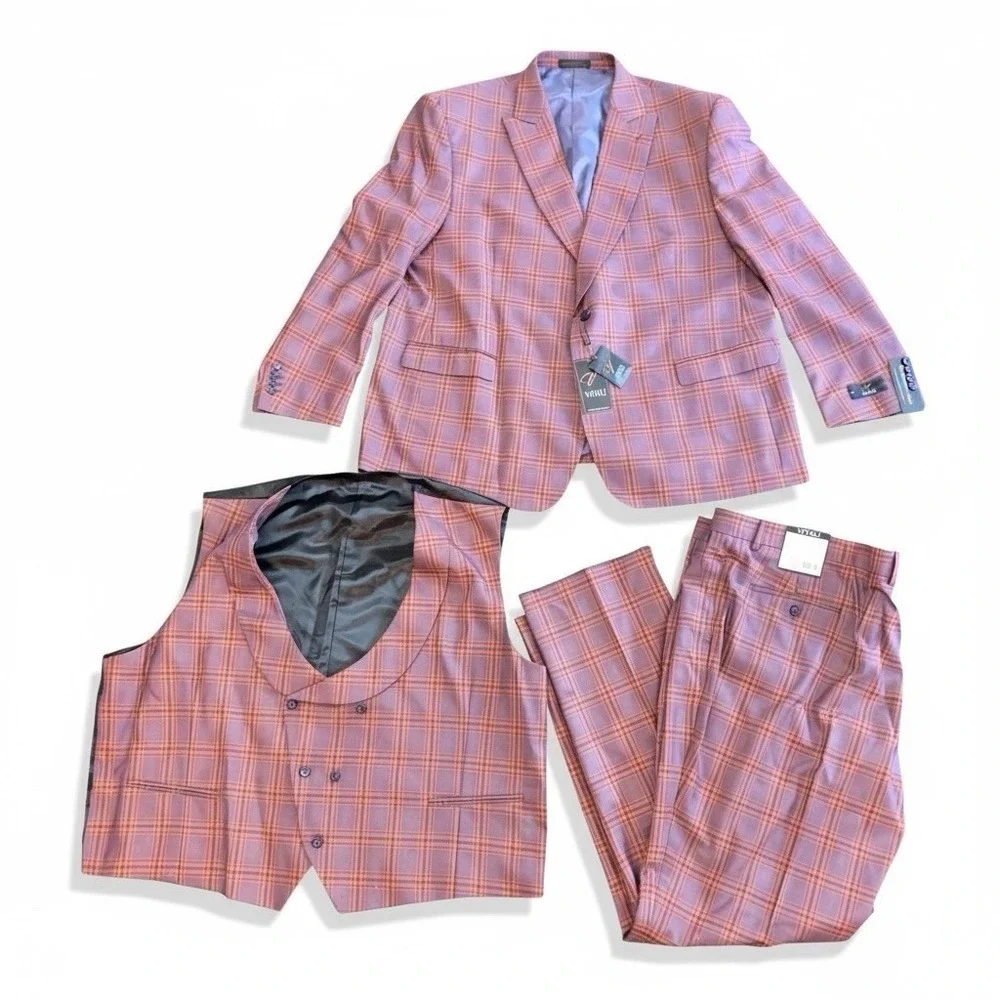 Vitali Men's 3-Piece‎ Suit Modern Fit Denim Lavender Plaid Formal 51W 56 M9857